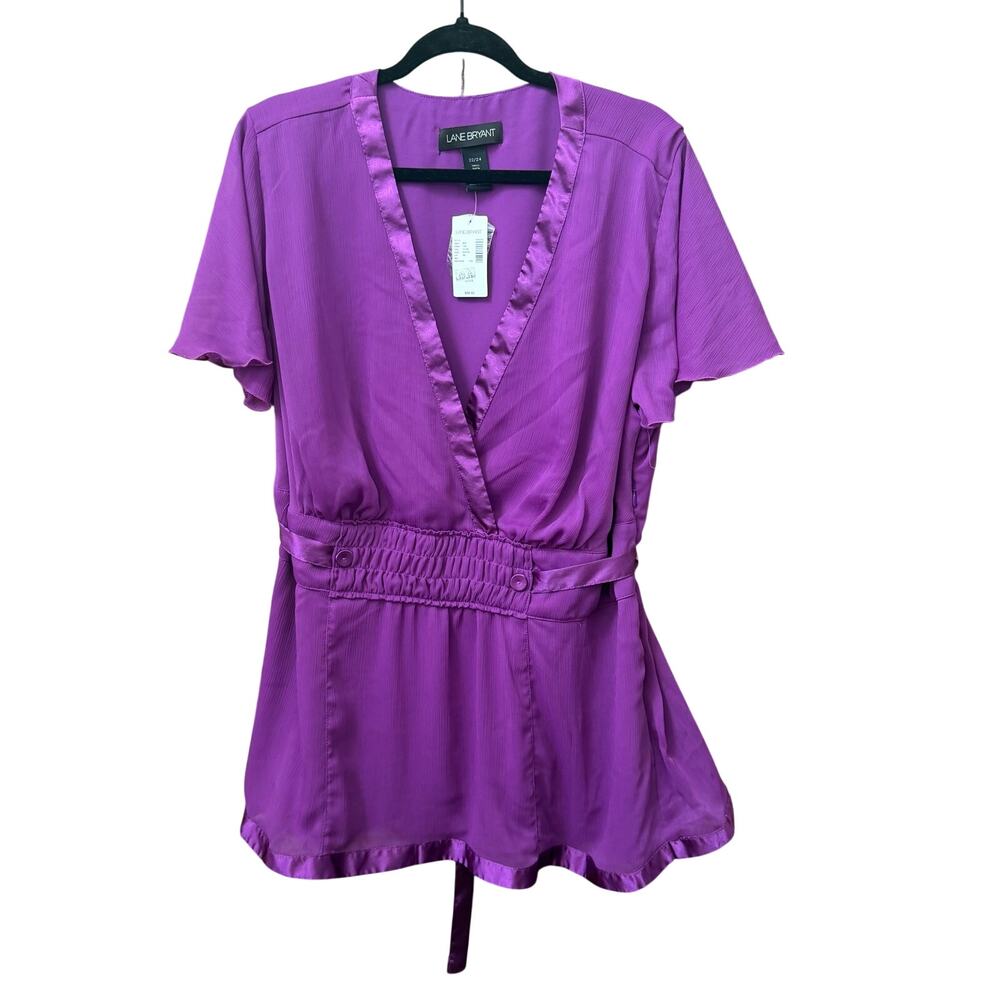 Lane Bryant Size 22/24 Purple Dressy Blouse NEW Satin Trim Tie Back